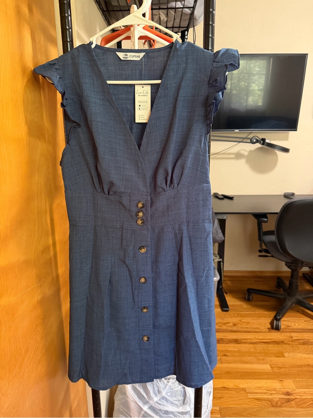 Cupshe Navy Button-Front V-Neck Mini Dress with Cap Sleeves